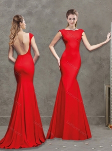 Modest Mermaid Backless Cap Sleeves Evening Dress with Brush Train