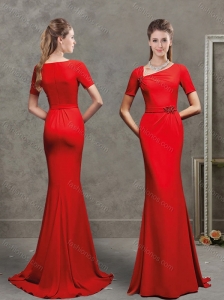 Popular Asymmetrical Neckline Brush Train Red Evening Dress with Short Sleeves