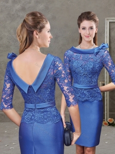 Artistic Bateau Mini Length Mother of the Bride Dress with Bowknot and Lace