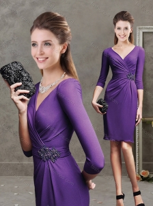 Beaded Purple Short Modest Prom Dress with Three Fourth Length Sleeves