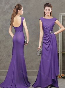 Beautiful Beaded and Ruched Scoop Evening Dress with Cap Sleeves