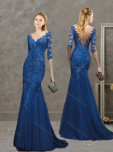 Deep V Neckline Tulle and Lace Blue Evening Dress with Brush Train