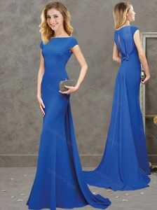Discount Cap Sleeves Bowknot Blue Evening Dress with Brush Train