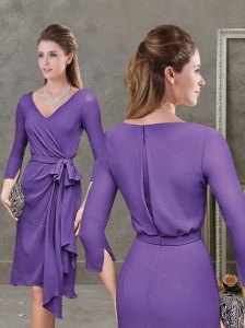 Elegant Column V Neck Three Fourth Length Sleeves Modest Prom Dress in Purple