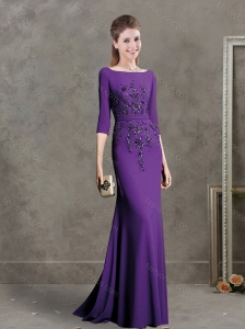 Elegant Half Sleeves Bateau Purple Mother of the Bride Dress with Black Appliques