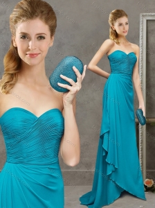 Exclusive Ruched Decorated Bodice Teal Evening Dress with Brush Train