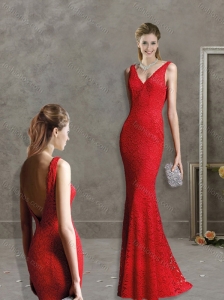 Feminine Deep V Neckline Red Mother of the Bride Dress with Lace
