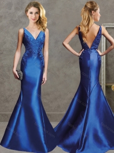 Gorgeous Mermaid V Neck Royal Blue Evening Dress with Appliques