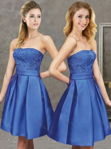 Hot Sale Strapless Laced Satin Short Modest Prom Dress in Blue