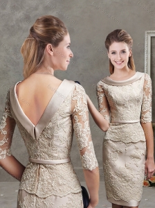 Inexpensive Half Sleeves Knee Length Laced Modest Prom Dress in Champagne
