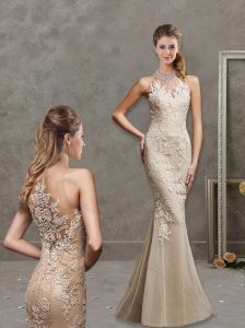 Modest See Through Scoop Mermaid Applique Evening Dress in Champagne