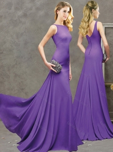 New Arrivals Bateau Brush Train Purple Modest Prom Dress with Button Up