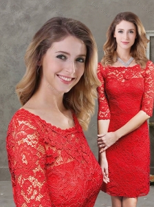 New Style Laced Half Sleeves Red Mother of the Bride Dress in Mini Length