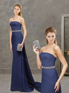 Perfect Belted with Beading Navy Blue Mother of the Bride Dress with Watteau Train