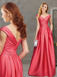 Popular Zipper Up V Neck Coral Red Mother of the Bride Dress with Cap Sleeves