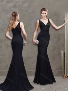 Romantic Deep V Neckline Black Mother of the Bride Dress with Brush Train