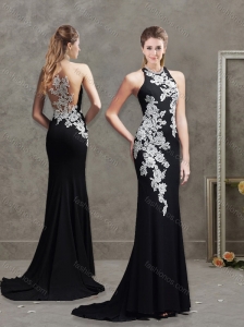 Sophisticated Applique Brush Train Black Modest Prom Dress with Halter Top