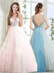 Cheap Deep V Neckline Beaded Backless Evening Dress in Baby Pink