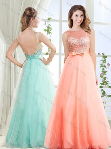 Exquisite See Through Bateau Modest Prom Dress with Beading and Bowknot
