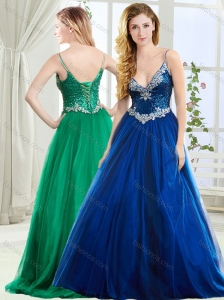 Fashionable Spaghetti Straps Royal Blue Evening Dress with Beading and Sequins