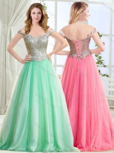 Off the Shoulder Cap Sleeves Apple Green Evening Dress with Beading and Sequins