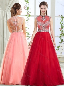 Romantic See Through Back Beaded Wine Red Evening Dress with High Neck