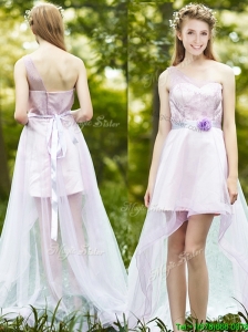 Comfortable One Shoulder High Low Prom Dress with Sashes and Lace