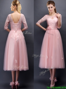 Comfortable Scoop Half Sleeves Prom Dress with Hand Made Flowers and Appliques