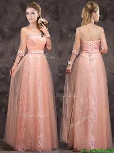 Exquisite See Through Applique and Laced Long Prom Dress in Peach