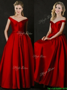 Latest Bowknot Wine Red Long Prom Dress with Off the Shoulder