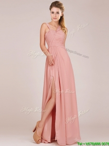 Modern Straps Peach Prom Dress with Ruching and High Slit