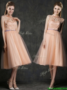 Popular High Neck Peach Prom Dress with Sashes and Lace
