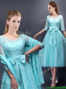 Romantic Aqua Blue Scoop Half Sleeves Prom Dress with Bowknot