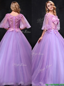 See Through Half Sleeves Bateau Prom Dress with Hand Made Flowers