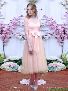 Fashionable See Through Scoop Half Sleeves Bridesmaid Dress with Bowknot