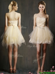 Lovely Sweetheart Short Champagne Bridesmaid Dress with Belt and Ruffles