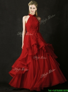 Modest A Line Halter Top Tulle Prom Dress with Appliques