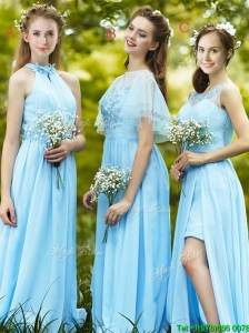 Modest Light Blue Empire Long Bridesmaid Dress with Appliques