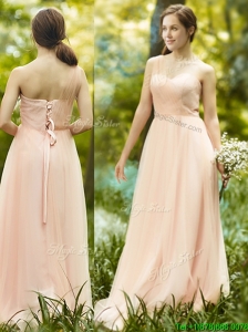 See Through One Shoulder Peach Bridesmaid Dress in Floor Length