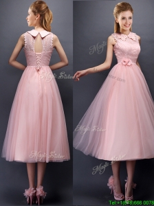 Discount Hand Made Flowers and Laced High Neck Bridesmaid Dress in Baby Pink