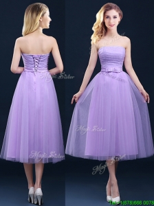 Discount Tea Length Tulle Lavender Bridesmaid Dress with Belt