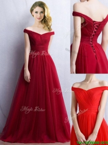 Elegant Off the Shoulder Cap Sleeves Bridesmaid Dress in Wine Red