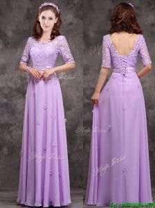 Exclusive Scoop Half Sleeves Lavender Dama Dress with Appliques and Lace