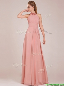 Low Price Halter Top Peach Long Bridesmaid Dress in Chiffon