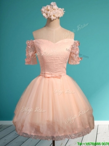 Luxurious Off the Shoulder Short Bridesmaid Dress with Appliques and Belt