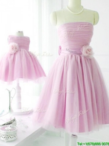 New Arrivals Strapless Baby Pink Bridesmaid Dress with Handcrafted Flower