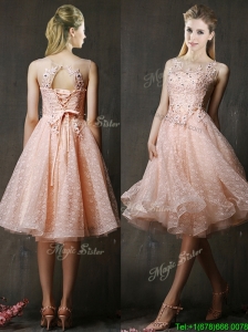 See Through Beaded and Applique Peach Bridesmaid Dress with Polka Dot