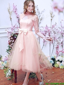 See Through High Neck Half Sleeves Dama Dress with Bowknot