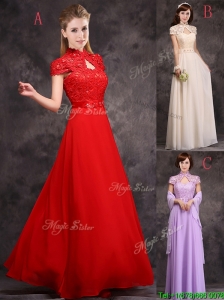 Discount High Neck Applique and Laced Prom Dress with Cap Sleeves