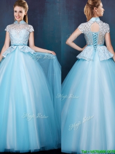 Elegant High Neck Cap Sleeves Prom Dress with Bowknot and Lace